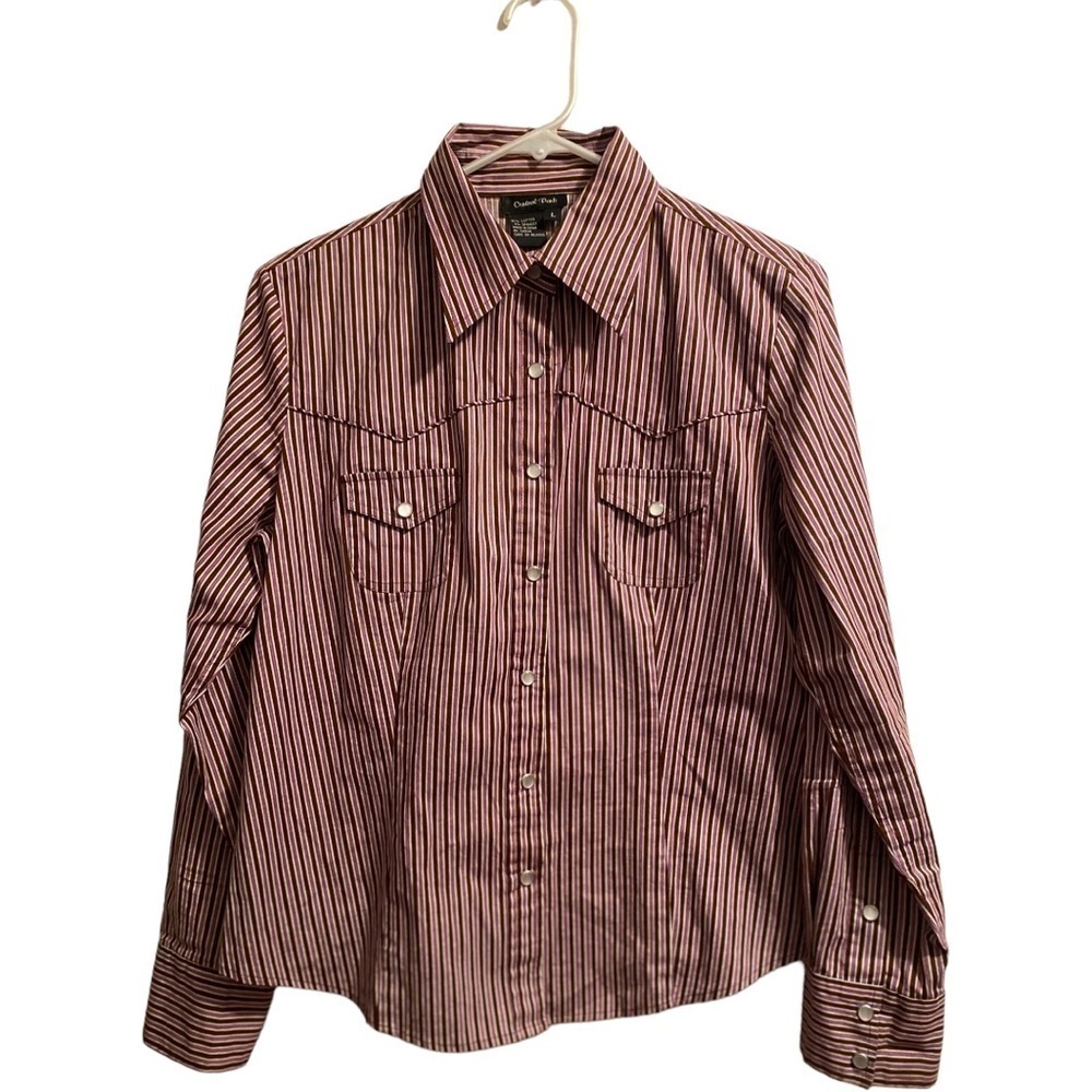 Central Park Western Cowgirl Button Blouse! Women’s Large. Pink & Brown Stripes
